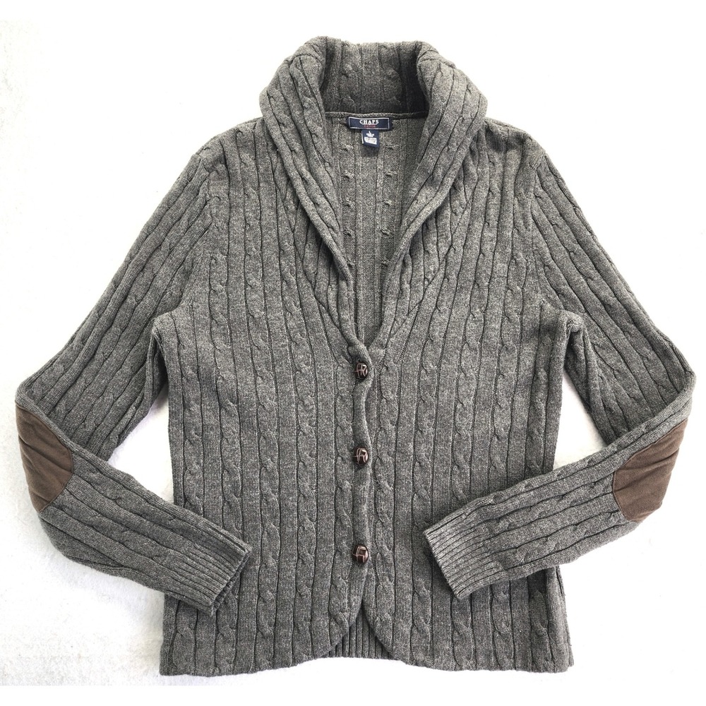 Chaps Denim Grey Cable Knit Shawl Collar Cardigan Elbow Patches Size L